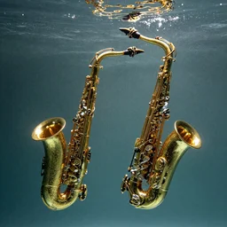 glittery saxophones floating underwater, clean, detailed, high contrast award winning photo by Trent Parke, Magnum photos