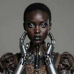 portrait of a black makeup robot, perfect symmetrical pose, beautiful eyes, perfect face, sharp, by irakli nadar with intricate detailed wearing victorian dress, by leesha hannigan, iris van herpen, artstation, cgsociety, wlop, epic, wow factor, much detail, gorgeous, detailed, masterpiece