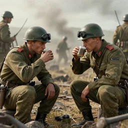 two soldiers drinking tea in a battlefield, award winning, trending on artstation, unreal engine