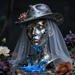 a head made out of metal and glass melting, gradient lighting, dark palette, it is wearing a hat and a veil, there are flowers all around it, blue paint melting, vogue cover style, depth of field, greg rutkowski style