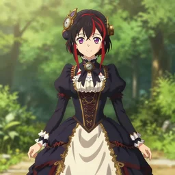wearing full clothing in full clothing victorian dress, beautiful anime woman, black and red hair hair, galaxy eyes, clockpunk, symmetrical face, symmetrical eyes, full round face, short smile, detailed, summer setting, cinematic lighting, medium shot, mid - shot, makoto shinkai, artgerm, ilya kuvshinov, loish