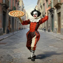 a masked and drunk pulcinella dancing ecstatically through the empty street of naples, holding a large pizza!!!, exquisite details, finely detailed painting by silvio fiorillo, from commedia dell'arte