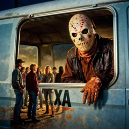 vintage texas chainsaw massacre movie poster with leatherface looking out of a window at a group of people standing around a van, cinematic lighting, hyper detailed