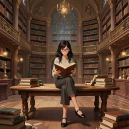 girl in glasses with a book in big hall, full body, sit on table with books, magic library, intricate, elegant, highly detailed, digital painting, artstation, matte, sharp focus, illustration, highly detailed, octane render, excellent composition, by wlop, tooth wu, greg rutkowski, beeple