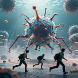 photo of a giant bacteriophage chasing people