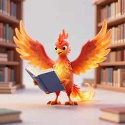 A small fiery phoenix reads a book in a library, Digital Art, Artstation, 3D, Raytracing, UHD, Ultra High Definition, 4K, Render, Cycles