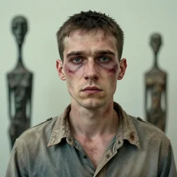 a starved soviet prisoner with ( terror in his eyes ), slightly scarred and pitted, hyperrealistic, beautiful, detailed portrait, intricate complexity, by conrad roset and jean dubuffet and daniel johnston and giacometti, muted pastel colors, 4 k, beautiful, leica, cinematic dramatic atmosphere, very realistic, soft focus