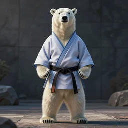 a still of a polar bear wearing a kimono standing on two legs. karate. 4 k. hyper - detailed. epic ligthing