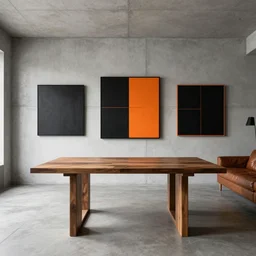 a concrete room with a wooden table and a leather sofa and paintings on the wall, high quality, 8 k, architecture, symmetrical, harmonious, black white and orange colours, calm, high coherence, natural lighting, path traced, highly detailed, hyperrealistic, concept art, octane render, unreal engine 5, trending on artstation, beautiful, elegant