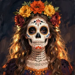 Illustration of a sugar skull day of the dead girl, art by Elsa Beskow