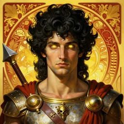 portrait of greek god ares, black curly hair, glowing eyes, volumetric lights, war, weapons, yellow red scheme, art nouveau botanicals, gothic, intricate, highly detailed, digital painting, artstation, concept art, smooth, sharp focus, symmetric face, illustration, steampunk, art by artgerm and greg rutkowski and alphonse mucha