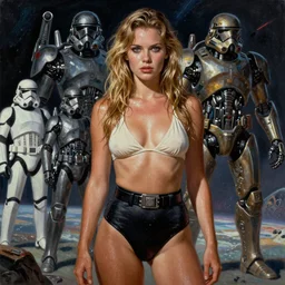 A mixed media painting of a very beautiful light-brown-hair / blonde woman on an alien planet, sweat, aesthetic symmetrical face and eyes, piercing gaze, photorealistic, model, wet, high waisted swimsuit, starship-troopers, pacific-rim-mech in background, eighties pinup style, by Frank Frazetta, Boris Vallejo, Beeple, Greg Rutkowski, Christian MacNevin, epic fantasy character art, full length, high fantasy, CGsociety, exquisite detail, post-processing, masterpiece, cinematic
