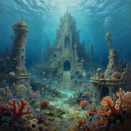 Trending on artstation, beautiful underwater lost city coral reef, detailed matte painting, oil on canvas