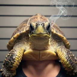 turtle headed human, mugshot, sharp focus, smoke