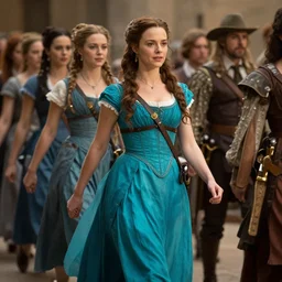 a female warrior in a turquoise dress, marching with confidence, cinematic lighting, establishing shot, william turner art