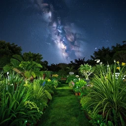 beautiful garden lush green, full night sky milky way view hd