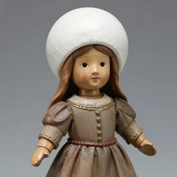 realistic photo of a a medieval antique old wooden of a girl doll sculpture dressed white spherical hat helmet, covered in eyes pattern, greyscale grain 1 9 9 0, life magazine photo, natural colors, metropolitan museum, kodak