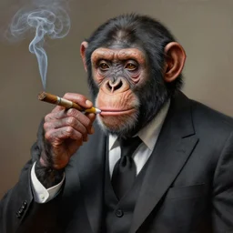 a high detail painting of a  chimp wearing a suit 👔,and smoking a cigarrette🚬, cgcosiety, by Rembrandt