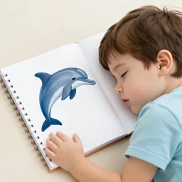 a kid sleeping over a notebook and dreaming about dolphins
