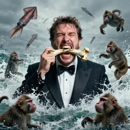a formal portrait photograph of a screaming man in the squally ocean swarmed by squids, dogs, baboons, and squirrels, the man's mouth is stuffed with bones and the water foams all over the gaff