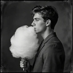 a beautiful young male made of cotton candy, unreal engine, portrait, tintype, side - view, f / 2. 8, black and white, high contrast, 1 6 k, lonely, perfectionism, halfrear lighting, insanely detailed and intricate, hypermaximalist, elegant, ornate, hyper realistic, super detailed