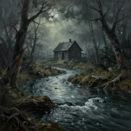 grunge painting of a horror river. in the distance, there is a haunted shed. by bob ross, albert bierstadt, grim, immaculate scale, hyper - realistic, trending on artstation, 8 k, detailed, atmospheric, immaculate