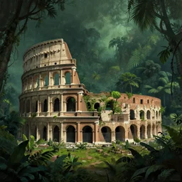 An epic matte painting of an overgrown coloseum in the jungle, dark, mysterious, by Greg Rutkowski and Raphael Lacoste, intricate, gorgeous, tropical, stunning, 4k resolution, featured on artstation, f16