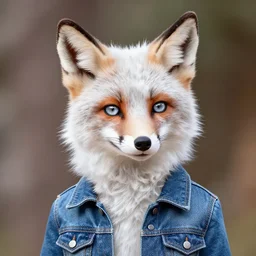 upper half portrait, of a anthropomorphic female snow fox, with short fur covering her body and silver eyes, wearing a denim jacket, in the style of zootopia, far shot,
