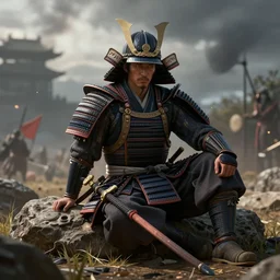 a samurai rests after a long battle, by greg rutkowski, volumetric lighting