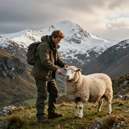 welsh man spooning a sheep on mount snowdon
