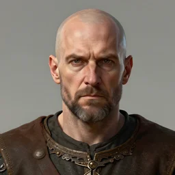 head portrait full-face of a 50 years old strict looking man, bald patch, sqare-jawed in medieval clothing, digital art, medieval fantasy