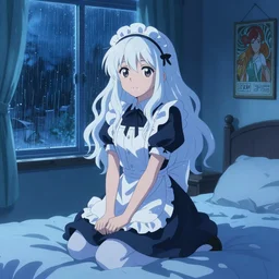 a girl in a maid's outfit in the bedroom a night, raining outside the window, blue theme, wavy white long hair, by krenz cushart and mucha and akihito yoshida and greg rutkowski and makoto shinkai, 4 k resolution