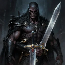 portrait of he - man, dark and mysterious and eerie and ominous character, he - man is holding the haunted power sword in his right hand, cinematic, epic, highly detailed, intricate, illustration, artwork by marcus whinney and greg rutkowski