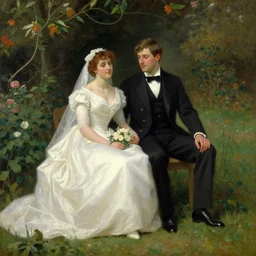 An Edmund Blair Leighton painting married couple sitting in a garden