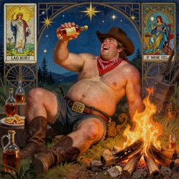 a dramatic, epic, ethereal painting of a !!!!handsome!!!! thicc chunky beefy mischievous shirtless with a big beer belly wearing a large belt and bandana offering a whiskey bottle | he is a cowboy relaxing by a campfire | background is a late night with food and jugs of whisky | homoerotic, rugged | stars, tarot card, art deco, art nouveau, mosaic, intricate | by Mark Maggiori (((and Alphonse Mucha))) | trending on artstation