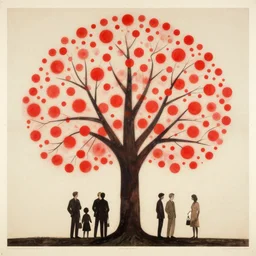 tree with red polkadots, limited neutral palette, by pascal campion, petros afshar, anton fadeev, dean ellis, randolph stanley hewton, beautiful graphic, propaganda poster art 1 9 7 0 s illustrated advertising art, painterly design