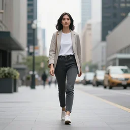 photo of a woman walking in the middle of the city