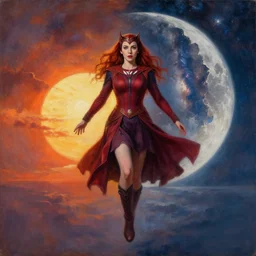 a powerful scarlet witch floats on a horizon divided by her, the background is torn between the sun and the moon, in the background you can see the milky way. by Daniel F. Gerhartz, hyperrealistic oil painting, 4k, studio lightning, baroque