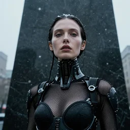 cinestill 5 0 d candid photographic portrait by helen levitt of a feminine android wearing sexy black mesh techwear on a black marble monument, extreme closeup, modern cyberpunk moody emotional horror cinematic, lens flare snow storm, 8 k, hd, high resolution, 3 5 mm, f / 3 2, ultra realistic faces, ex machina