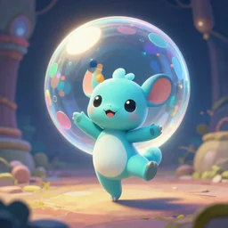 3 d rendered digital painting of cyan cute spirit axie pet dances under colourful discoball, in a fantasy mmo, ghibli studio
