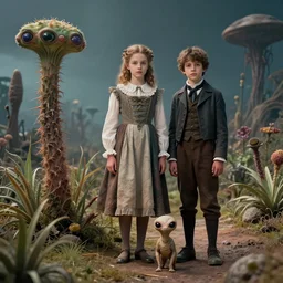 sharp, a girl and a boy standing next to some strange wild alien plants, wearing 1860s era clothes, their small pet tiny alien creature is standing nearby, in a park on a strange alien planet, in focus faces, award winning photograph, 4k, cinematic lighting