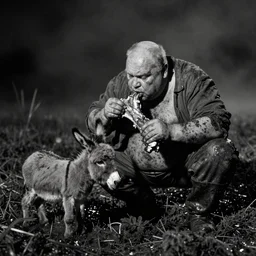 1 9 7 0 s movie still by tarkovsky of one giant obese old bald man in dirty clothes! eating a leg of lamb with one tiny donkey in a swamp, mossy, by night, cinestill 8 0 0 t 3 5 mm b & w, heavy grain, high quality, noir, natural textures, photorealistic, ambient occlusion, hd, mud, fog, heavy