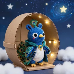 a finely knit bipedal starry night blue peacock kitsune animal plush doll, wearing peacock feather mage robes with gold accent jewelry, inside a handcrafted cardboard observatory to look at the hand painted night sky full of glittery star stickers and glow in the dark star stickers, adorable, charming, macro camera lens, well lit, cinematic, real life, led lights, cotton clouds