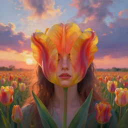 large tulip face, girl frontal in a flower field, surreal photography, sunrise dramatic light, impressionist painting, colorful clouds, digital painting, artstation, simon stalenhag, flower face