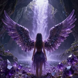 a cinematic shot of a the back of a girl with wings surrounded by amethysts, standing in front of a mystical waterfall cave, lilac sunrays, highly detailed matte painting, 8 k