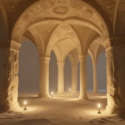 victorian arcs of sand, pillars on ceiling, lamps on ground, by peter mohrbacher dan mumford craig mullins nekro, cgsociety, pixiv, volumetric light, 3 d render