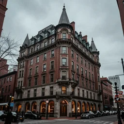 a gothic 1 9 2 0 s 1 0 - storey hotel in downtown boston overlooking a dark street