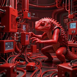 only with red, a red lizardman iattacked by technology, red computers wires, in a red laboratory, dorohedoro vibes, in the style of beksinski, parts by edward hopper, parts by michael sowa, parts by yue minjun, intricate composition, red by caravaggio, highly quality, highly detailed, masterpiece, red light, artstation, 4 k