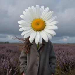portrait, enormous daisies flower head, a girl wearing coat in heather field, surreal photography, wind and cold, dramatic sky, impressionist painting, digital painting, artstation, simon stalenhag