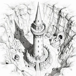 aerial view of a wizard tower that's surrounded by rock formations and caves, lineart